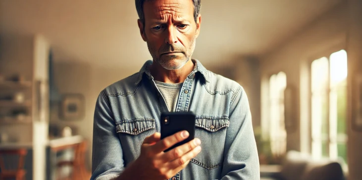 Un homme frustré regardant son téléphone